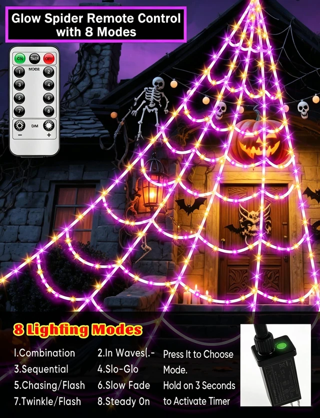 Alt view image 3 of 7 - Halloween Decorations Outdoor Spider Web,Upgraded 450 LED Spider Web Lights | Full-Web Glow with Horizontal & Vertical LED Strips,Waterproof Lighted Spider Web for Outdoor Halloween Yard Decor