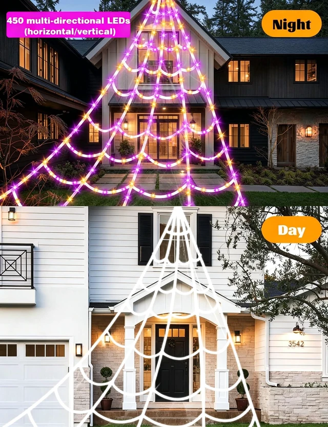 Alt view image 5 of 7 - Halloween Decorations Outdoor Spider Web,Upgraded 450 LED Spider Web Lights | Full-Web Glow with Horizontal & Vertical LED Strips,Waterproof Lighted Spider Web for Outdoor Halloween Yard Decor