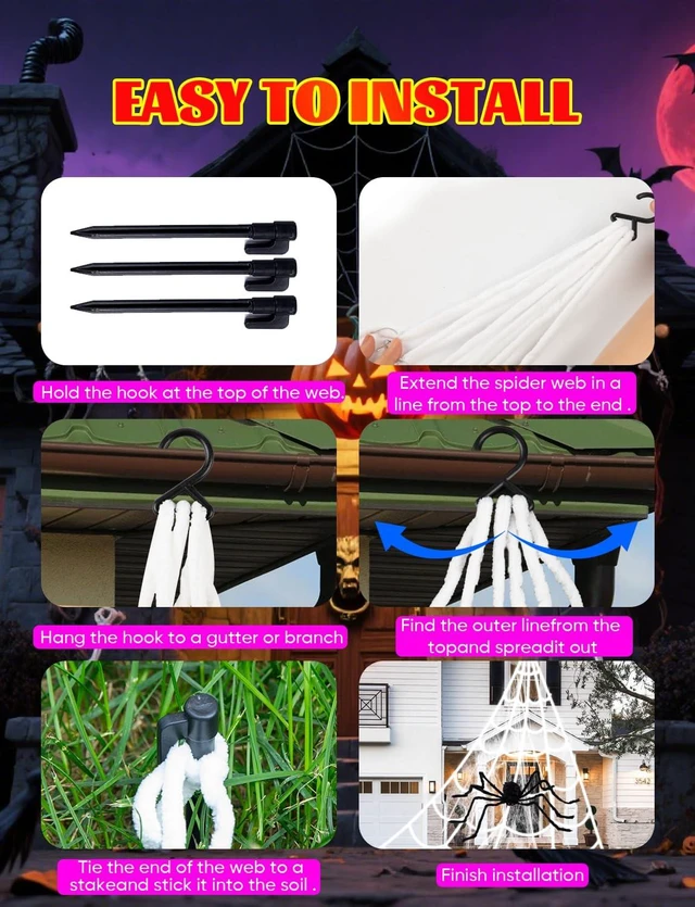 Alt view image 7 of 7 - Halloween Decorations Outdoor Spider Web,Upgraded 450 LED Spider Web Lights | Full-Web Glow with Horizontal & Vertical LED Strips,Waterproof Lighted Spider Web for Outdoor Halloween Yard Decor