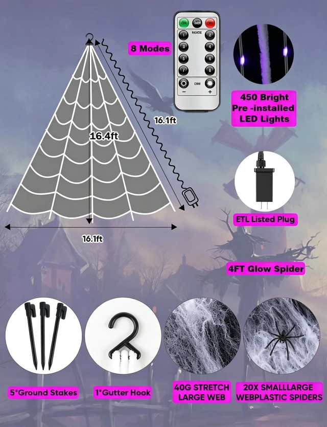Alt view image 6 of 7 - Halloween Decorations Outdoor Spider Web,Upgraded 450 LED Spider Web Lights | Full-Web Glow with Horizontal & Vertical LED Strips,Waterproof Lighted Spider Web for Outdoor Halloween Yard Decor