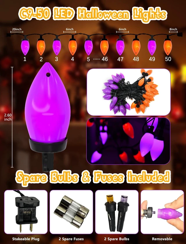 Alt view image 2 of 7 - C9 Halloween String Lights - 26Ft LED Vintage Halloween Lights with 50 LED Purple and Orange Bulbs for Outdoor Indoor Patio Yard Backyard Balcony Decorations