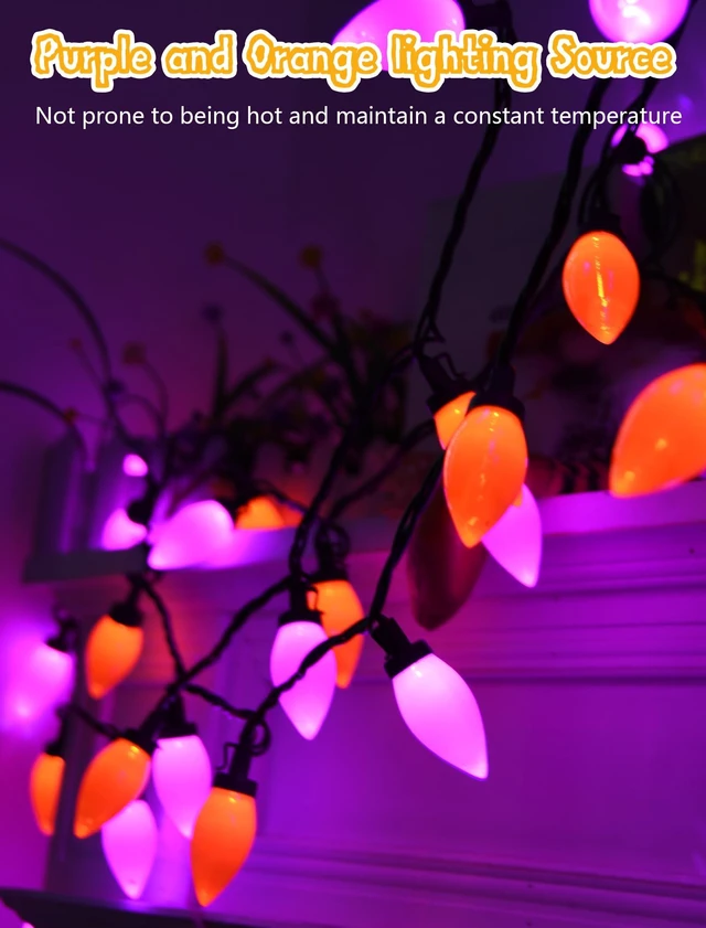 Alt view image 3 of 7 - C9 Halloween String Lights - 26Ft LED Vintage Halloween Lights with 50 LED Purple and Orange Bulbs for Outdoor Indoor Patio Yard Backyard Balcony Decorations