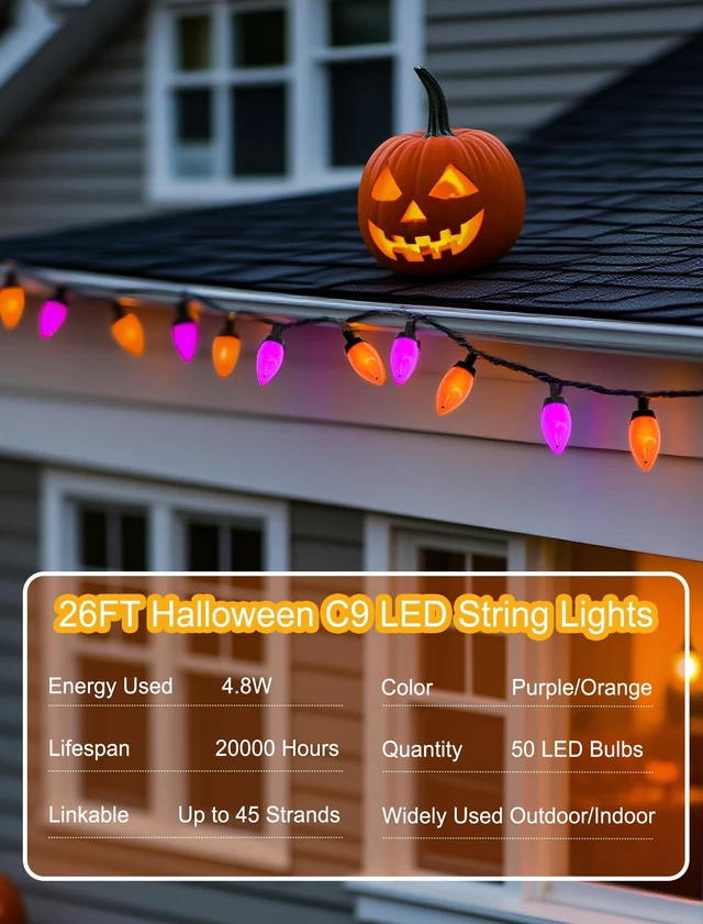 Alt view image 6 of 7 - C9 Halloween String Lights - 26Ft LED Vintage Halloween Lights with 50 LED Purple and Orange Bulbs for Outdoor Indoor Patio Yard Backyard Balcony Decorations
