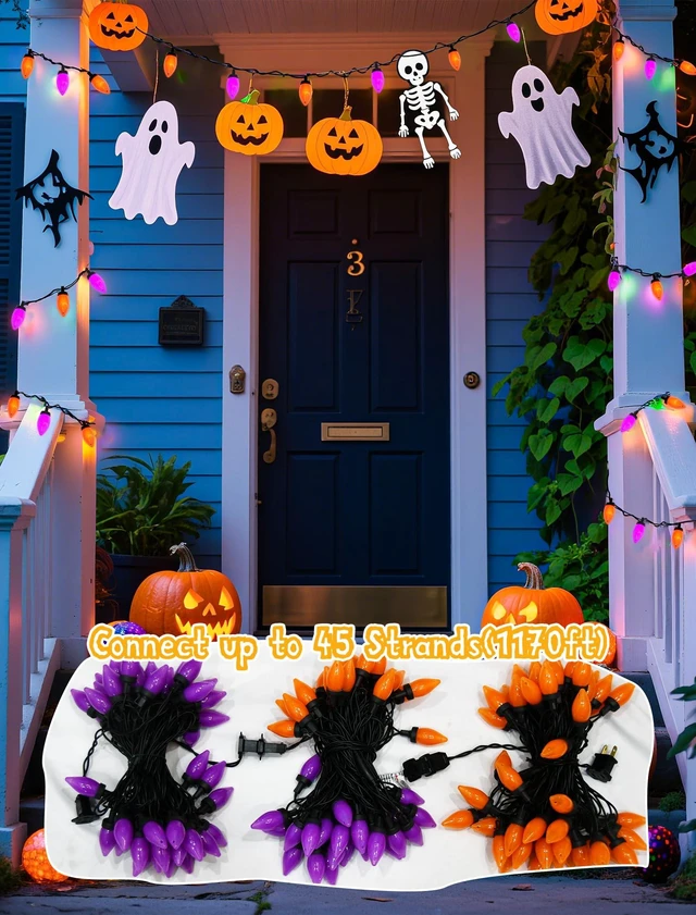 Alt view image 5 of 7 - C9 Halloween String Lights - 26Ft LED Vintage Halloween Lights with 50 LED Purple and Orange Bulbs for Outdoor Indoor Patio Yard Backyard Balcony Decorations