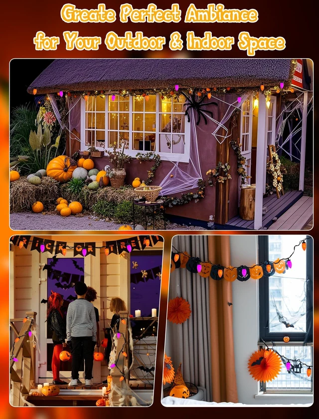 Alt view image 7 of 7 - C9 Halloween String Lights - 26Ft LED Vintage Halloween Lights with 50 LED Purple and Orange Bulbs for Outdoor Indoor Patio Yard Backyard Balcony Decorations