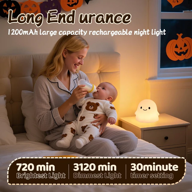 Alt view image 2 of 7 - Color Changing Ghost Night Light for Kids, Cute Squishy Silicone Ghost Lamp, 50-Hour Rechargeable Bedside Lamp with Tap Control, Room Decor, Halloween Gifts