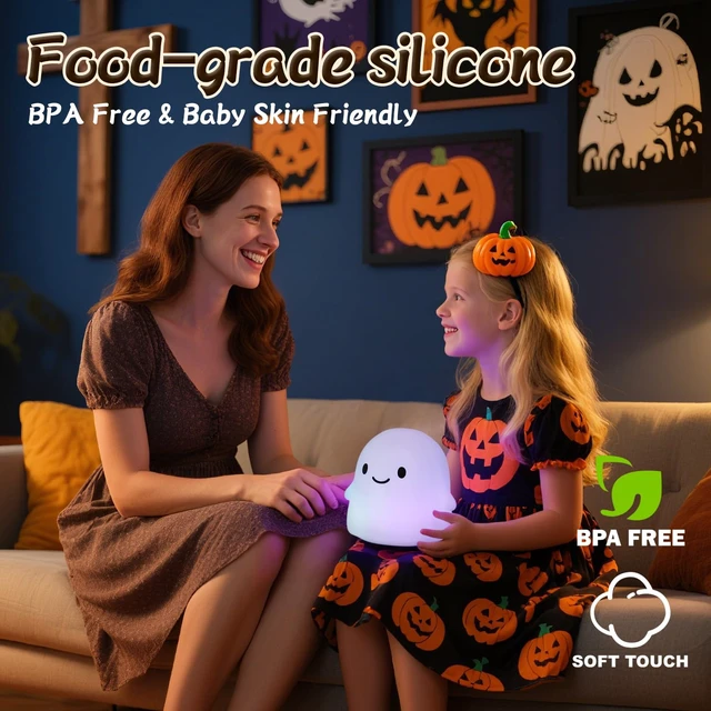 Alt view image 4 of 7 - Color Changing Ghost Night Light for Kids, Cute Squishy Silicone Ghost Lamp, 50-Hour Rechargeable Bedside Lamp with Tap Control, Room Decor, Halloween Gifts