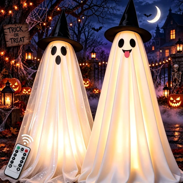 Main image of Halloween Decorations Outdoor & Indoor Decor - 2 Pack 59-inch Remote Control Spooky Ghost String Lights with Witch Hats, Halloween Lights for Porch, Yards, Patio, Garden Lawn, Party