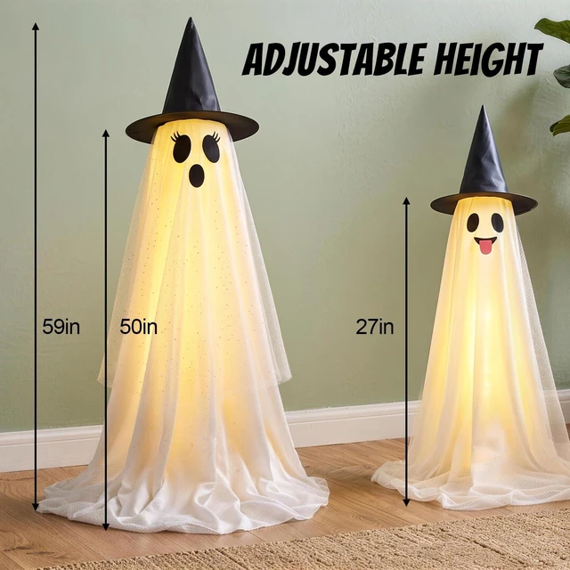 Alt view image 2 of 7 - Halloween Decorations Outdoor & Indoor Decor - 2 Pack 59-inch Remote Control Spooky Ghost String Lights with Witch Hats, Halloween Lights for Porch, Yards, Patio, Garden Lawn, Party