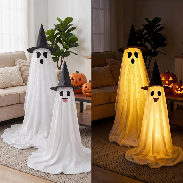 Alt view image 4 of 7 - Halloween Decorations Outdoor & Indoor Decor - 2 Pack 59-inch Remote Control Spooky Ghost String Lights with Witch Hats, Halloween Lights for Porch, Yards, Patio, Garden Lawn, Party