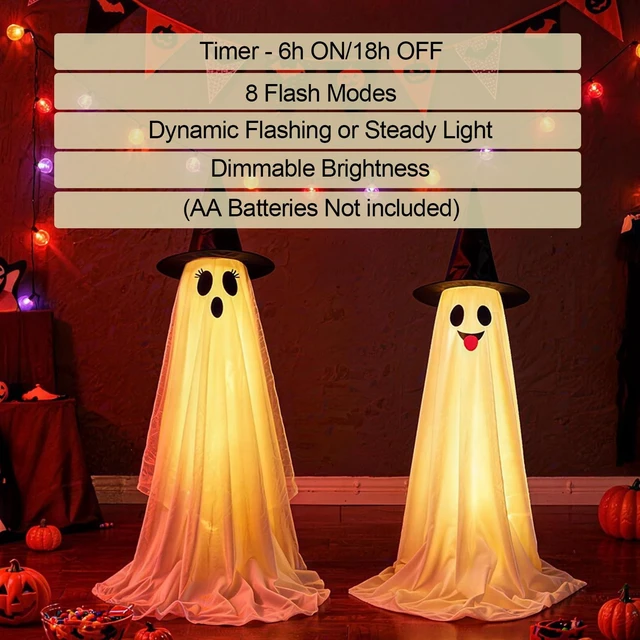Alt view image 5 of 7 - Halloween Decorations Outdoor & Indoor Decor - 2 Pack 59-inch Remote Control Spooky Ghost String Lights with Witch Hats, Halloween Lights for Porch, Yards, Patio, Garden Lawn, Party