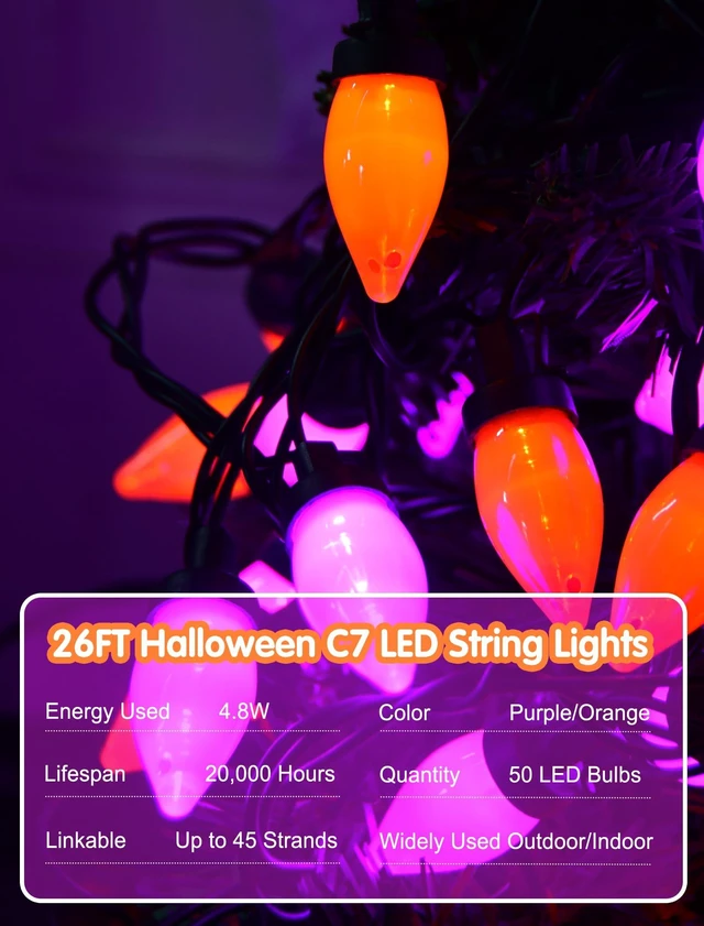 Alt view image 4 of 7 - 26FT Orange and Purple Halloween String Lights, 50 LED Bulbs | Plug in Halloween Lights, halloween Lights Outdoor, Connect Up to 45 Sets for Patio, Roofline, Tree and Window Decor