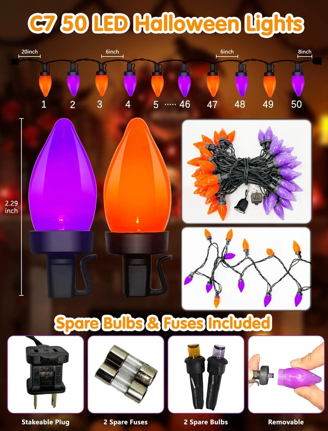 Alt view image 2 of 7 - 26FT Orange and Purple Halloween String Lights, 50 LED Bulbs | Plug in Halloween Lights, halloween Lights Outdoor, Connect Up to 45 Sets for Patio, Roofline, Tree and Window Decor