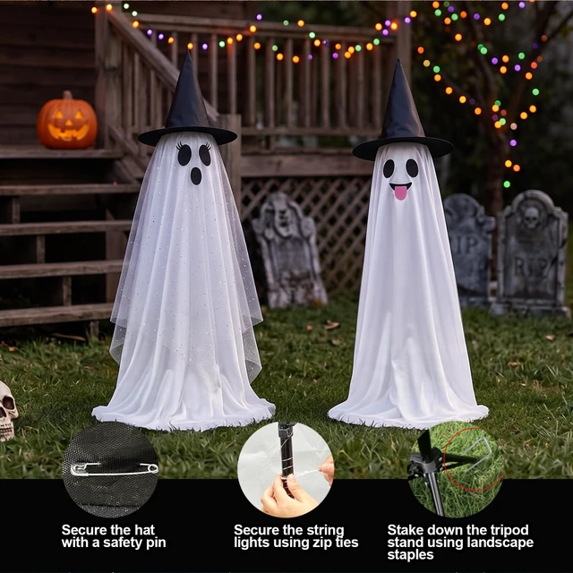Alt view image 6 of 7 - Halloween Decorations Outdoor & Indoor Decor - 2 Pack 59-inch Remote Control Spooky Ghost String Lights with Witch Hats, Halloween Lights for Porch, Yards, Patio, Garden Lawn, Party