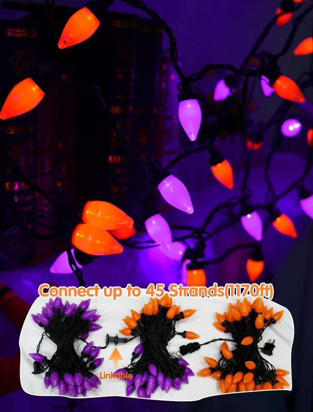 Alt view image 5 of 7 - 26FT Orange and Purple Halloween String Lights, 50 LED Bulbs | Plug in Halloween Lights, halloween Lights Outdoor, Connect Up to 45 Sets for Patio, Roofline, Tree and Window Decor