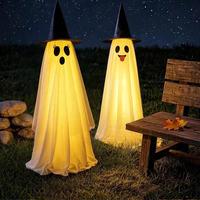 Alt view image 7 of 7 - Halloween Decorations Outdoor & Indoor Decor - 2 Pack 59-inch Remote Control Spooky Ghost String Lights with Witch Hats, Halloween Lights for Porch, Yards, Patio, Garden Lawn, Party