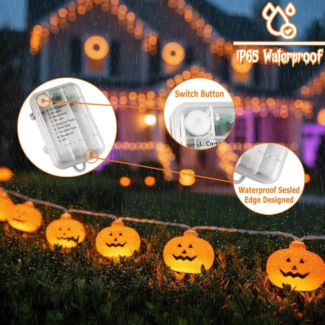 Alt view image 3 of 7 - Halloween Lights Battery Operated, Pumpkin String Light Decorations | 16.4ft 30 LED, Remote Control, Timer, 8 Modes, 3D Waterproof Orange Jack-O-Lantern, Twinkle Light, Indoor Outdoor Party Decor
