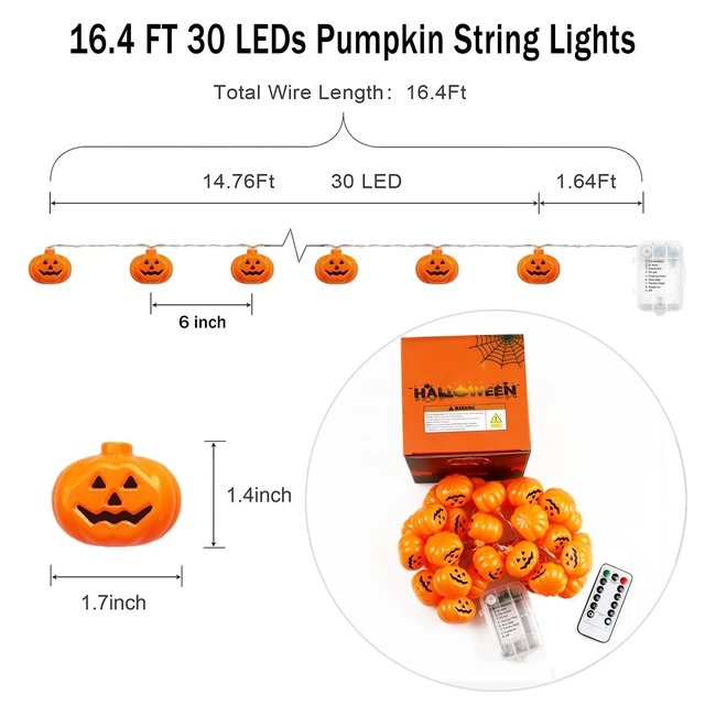 Alt view image 6 of 7 - Halloween Lights Battery Operated, Pumpkin String Light Decorations | 16.4ft 30 LED, Remote Control, Timer, 8 Modes, 3D Waterproof Orange Jack-O-Lantern, Twinkle Light, Indoor Outdoor Party Decor