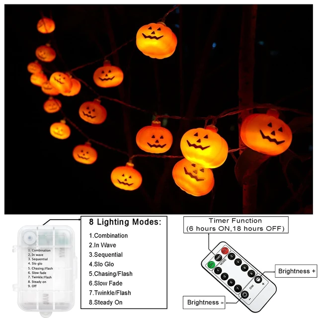 Alt view image 5 of 7 - Halloween Lights Battery Operated, Pumpkin String Light Decorations | 16.4ft 30 LED, Remote Control, Timer, 8 Modes, 3D Waterproof Orange Jack-O-Lantern, Twinkle Light, Indoor Outdoor Party Decor