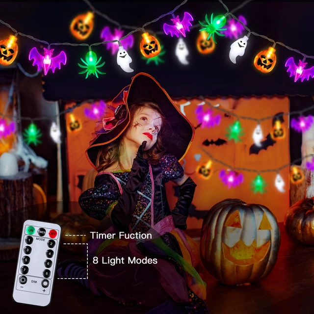 Alt view image 2 of 7 - 20FT 40LED Halloween Lights Outdoor Indoor Pumpkin Bat Spider Ghost Halloween String Lights Battery Operated, 8 Light Modes Waterproof Fairy Lights Decorations for Home Yard Window Party Outside Decor