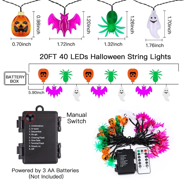 Alt view image 3 of 7 - 20FT 40LED Halloween Lights Outdoor Indoor Pumpkin Bat Spider Ghost Halloween String Lights Battery Operated, 8 Light Modes Waterproof Fairy Lights Decorations for Home Yard Window Party Outside Decor