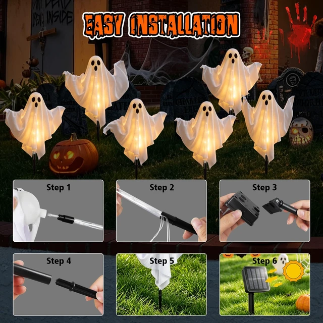 Alt view image 2 of 7 - 6 Pack Halloween Decoration Outdoor Solar Ghost Lights Warm White | Waterproof Solar Powered Ghost Stake Lights with Poseable Arms for Yard, Garden Pathway, Porch & Haunted House Decor