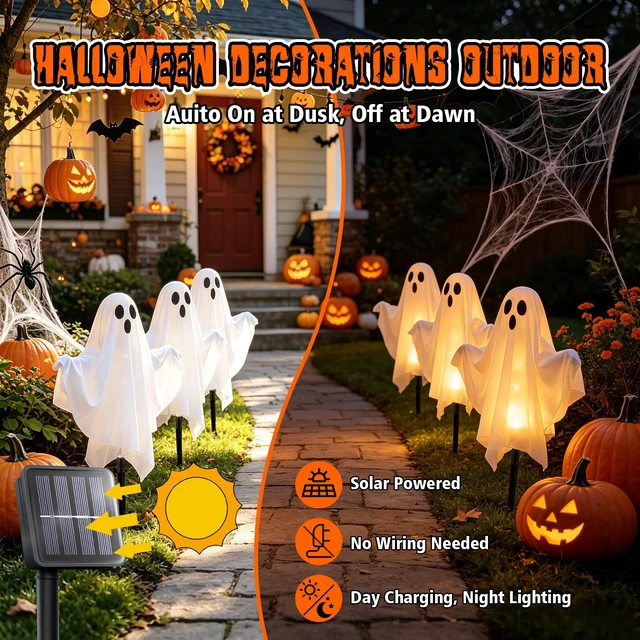 Alt view image 4 of 7 - 6 Pack Halloween Decoration Outdoor Solar Ghost Lights Warm White | Waterproof Solar Powered Ghost Stake Lights with Poseable Arms for Yard, Garden Pathway, Porch & Haunted House Decor