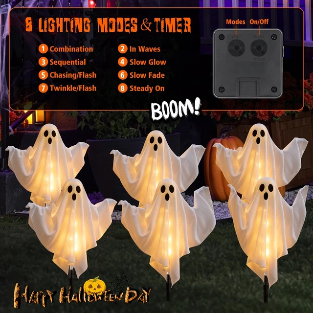 Alt view image 3 of 7 - 6 Pack Halloween Decoration Outdoor Solar Ghost Lights Warm White | Waterproof Solar Powered Ghost Stake Lights with Poseable Arms for Yard, Garden Pathway, Porch & Haunted House Decor