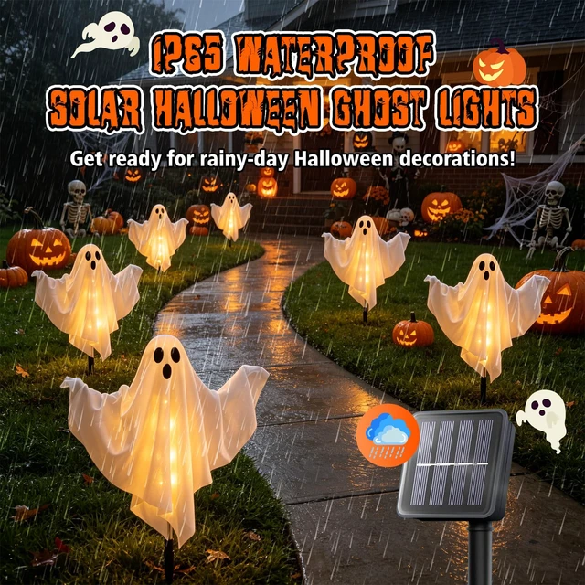Alt view image 5 of 7 - 6 Pack Halloween Decoration Outdoor Solar Ghost Lights Warm White | Waterproof Solar Powered Ghost Stake Lights with Poseable Arms for Yard, Garden Pathway, Porch & Haunted House Decor