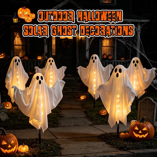 Alt view image 6 of 7 - 6 Pack Halloween Decoration Outdoor Solar Ghost Lights Warm White | Waterproof Solar Powered Ghost Stake Lights with Poseable Arms for Yard, Garden Pathway, Porch & Haunted House Decor