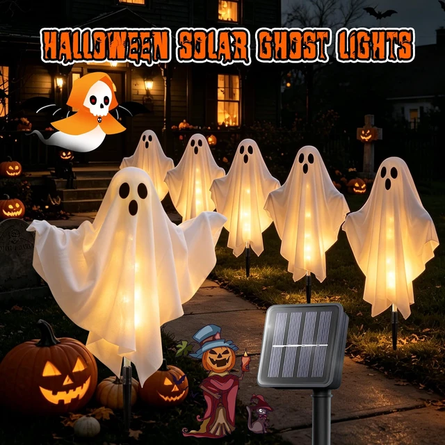 Alt view image 7 of 7 - 6 Pack Halloween Decoration Outdoor Solar Ghost Lights Warm White | Waterproof Solar Powered Ghost Stake Lights with Poseable Arms for Yard, Garden Pathway, Porch & Haunted House Decor