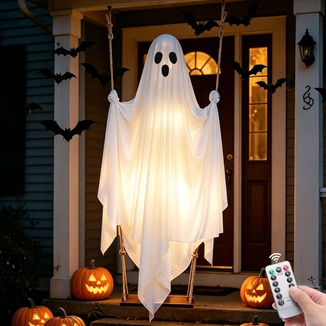 Main image of Halloween Hanging Ghost Decorations, 5FT Swinging Ghost with Remote Lights | Remote Control with 8 Lighting Modes and LED Lights for Spooky Outdoor Halloween Decor on Porch Yard Garden Lawn