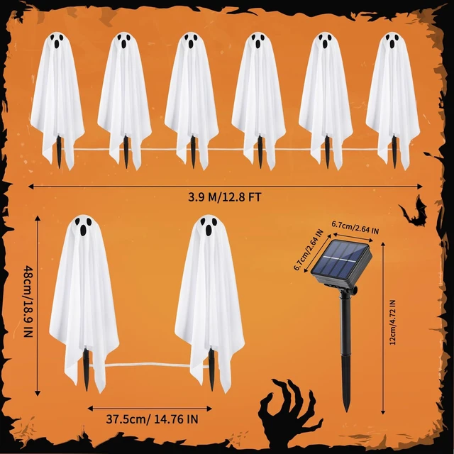 Alt view image 2 of 7 - Halloween Decorations, 6 Pack Solar Ghost String Stake Lights 12.8 FT | 18.9" High White Cloth Ghost Stakes with 8 Lighting Modes, Waterproof Solar Outdoor Garden Yard Path Lights