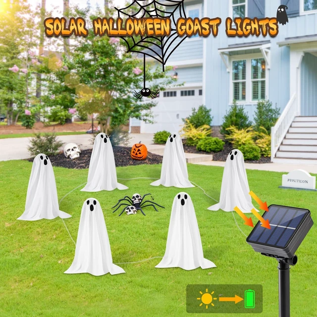 Alt view image 3 of 7 - Halloween Decorations, 6 Pack Solar Ghost String Stake Lights 12.8 FT | 18.9" High White Cloth Ghost Stakes with 8 Lighting Modes, Waterproof Solar Outdoor Garden Yard Path Lights