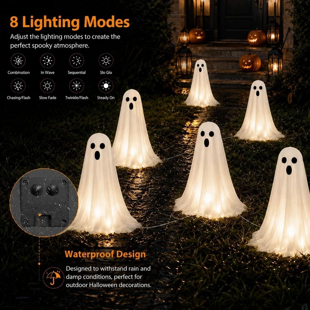 Alt view image 4 of 7 - Halloween Decorations, 6 Pack Solar Ghost String Stake Lights 12.8 FT | 18.9" High White Cloth Ghost Stakes with 8 Lighting Modes, Waterproof Solar Outdoor Garden Yard Path Lights