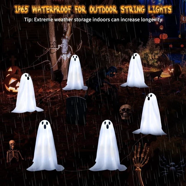 Alt view image 5 of 7 - Halloween Decorations, 6 Pack Solar Ghost String Stake Lights 12.8 FT | 18.9" High White Cloth Ghost Stakes with 8 Lighting Modes, Waterproof Solar Outdoor Garden Yard Path Lights