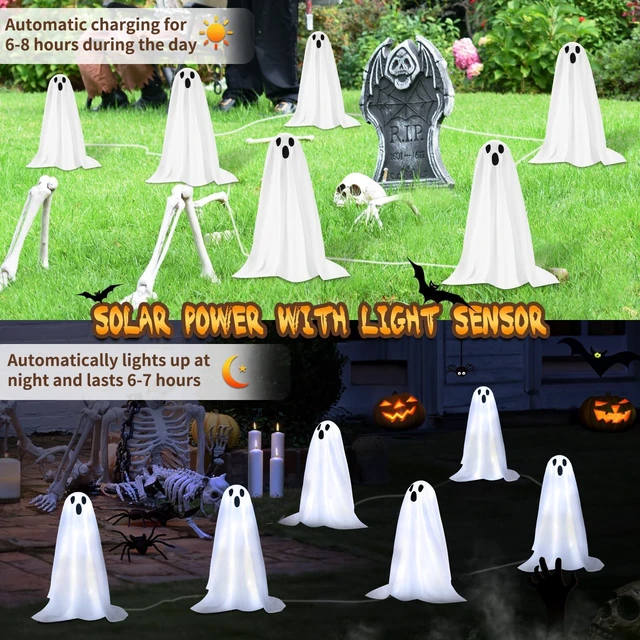 Alt view image 6 of 7 - Halloween Decorations, 6 Pack Solar Ghost String Stake Lights 12.8 FT | 18.9" High White Cloth Ghost Stakes with 8 Lighting Modes, Waterproof Solar Outdoor Garden Yard Path Lights