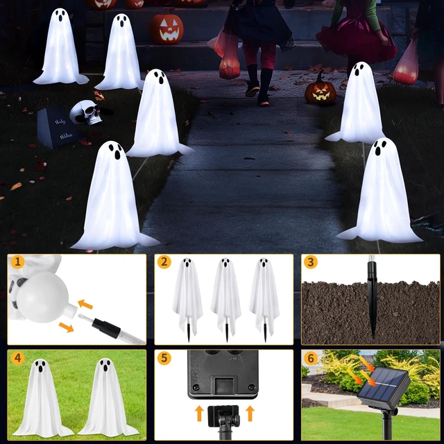 Alt view image 7 of 7 - Halloween Decorations, 6 Pack Solar Ghost String Stake Lights 12.8 FT | 18.9" High White Cloth Ghost Stakes with 8 Lighting Modes, Waterproof Solar Outdoor Garden Yard Path Lights