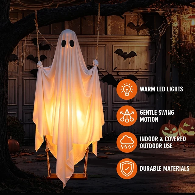 Alt view image 2 of 7 - Halloween Hanging Ghost Decorations, 5FT Swinging Ghost with Remote Lights | Remote Control with 8 Lighting Modes and LED Lights for Spooky Outdoor Halloween Decor on Porch Yard Garden Lawn