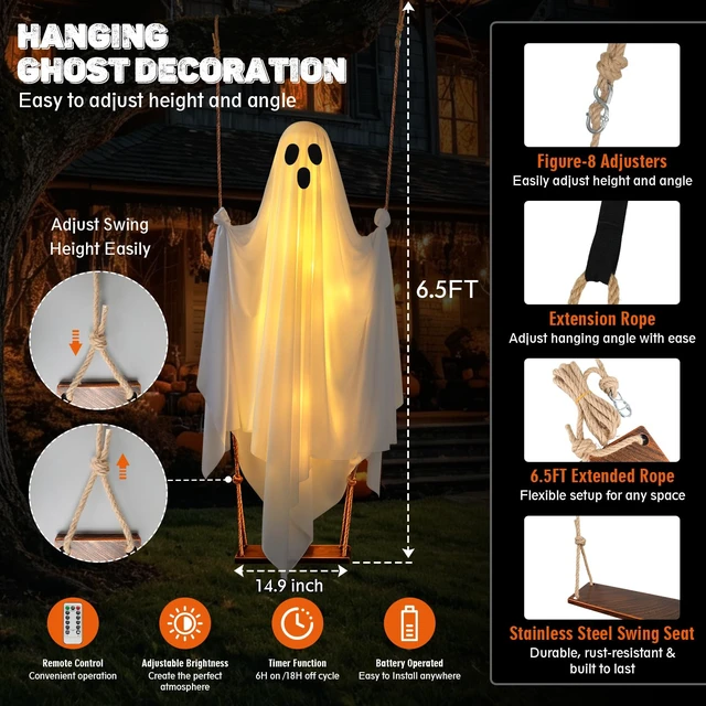 Alt view image 3 of 7 - Halloween Hanging Ghost Decorations, 5FT Swinging Ghost with Remote Lights | Remote Control with 8 Lighting Modes and LED Lights for Spooky Outdoor Halloween Decor on Porch Yard Garden Lawn