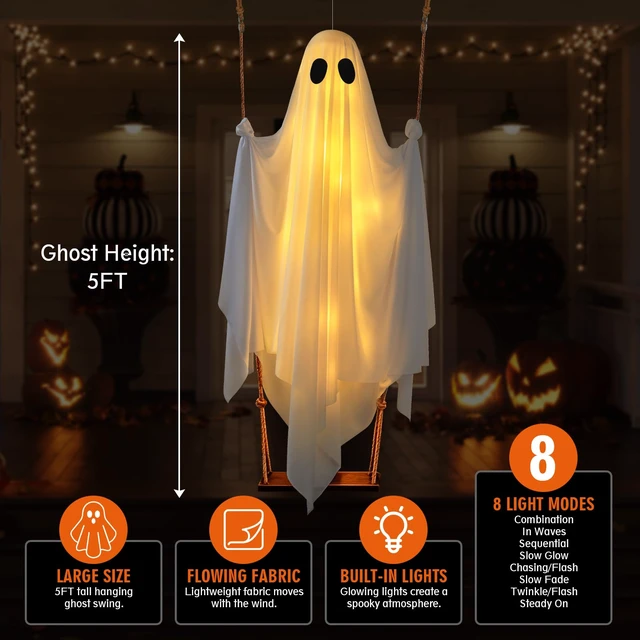 Alt view image 4 of 7 - Halloween Hanging Ghost Decorations, 5FT Swinging Ghost with Remote Lights | Remote Control with 8 Lighting Modes and LED Lights for Spooky Outdoor Halloween Decor on Porch Yard Garden Lawn