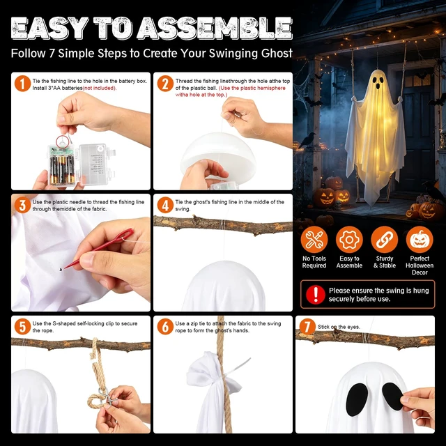 Alt view image 5 of 7 - Halloween Hanging Ghost Decorations, 5FT Swinging Ghost with Remote Lights | Remote Control with 8 Lighting Modes and LED Lights for Spooky Outdoor Halloween Decor on Porch Yard Garden Lawn