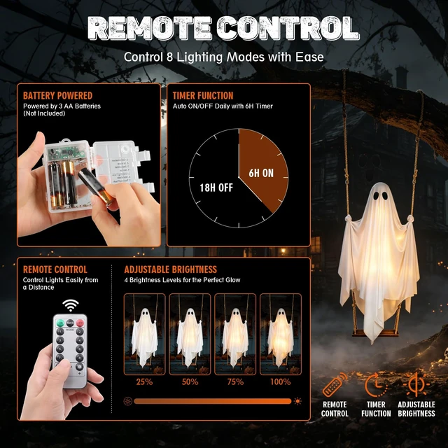 Alt view image 6 of 7 - Halloween Hanging Ghost Decorations, 5FT Swinging Ghost with Remote Lights | Remote Control with 8 Lighting Modes and LED Lights for Spooky Outdoor Halloween Decor on Porch Yard Garden Lawn