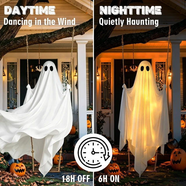 Alt view image 7 of 7 - Halloween Hanging Ghost Decorations, 5FT Swinging Ghost with Remote Lights | Remote Control with 8 Lighting Modes and LED Lights for Spooky Outdoor Halloween Decor on Porch Yard Garden Lawn