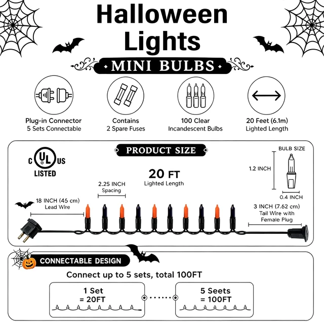 Alt view image 3 of 7 - Purple and Orange Halloween Lights, 2 Pack 20FT 100 Count Incandescent Mini String Lights, Waterproof Halloween Decorations for Outdoor Indoor Patio Home Party Garden Yard Decor