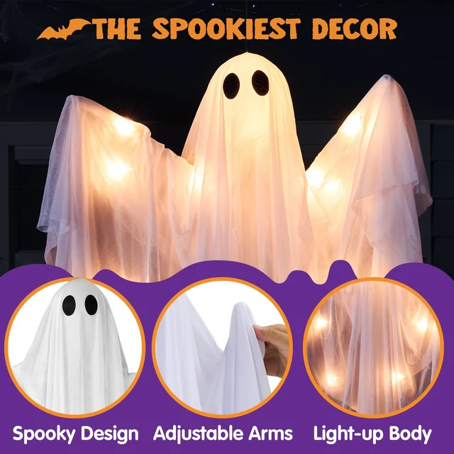 Alt view image 2 of 7 - Halloween Hanging Light up Ghost, 47 White Ghosts with Warm White LED Light and Timer Halloween Hanging Decoration Waterproof for Front Yard Patio Lawn Garden Party Decor Indoor Outdoor