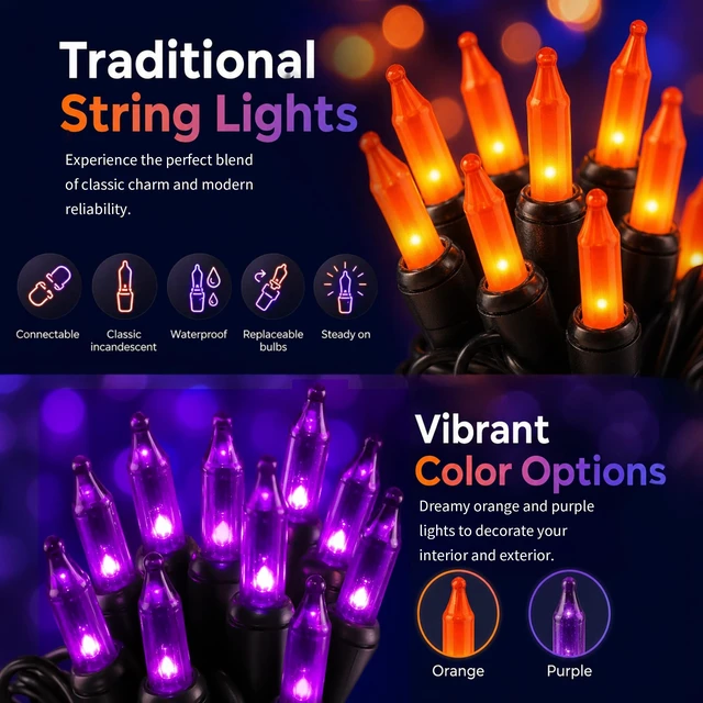 Alt view image 6 of 7 - Purple and Orange Halloween Lights, 2 Pack 20FT 100 Count Incandescent Mini String Lights, Waterproof Halloween Decorations for Outdoor Indoor Patio Home Party Garden Yard Decor