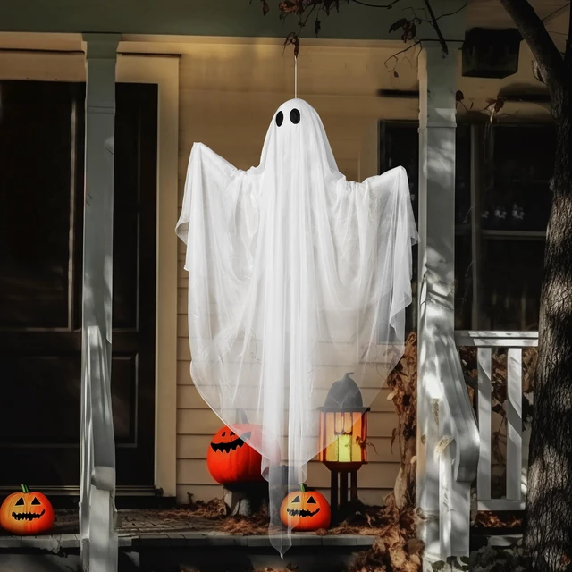 Alt view image 4 of 7 - Halloween Hanging Light up Ghost, 47 White Ghosts with Warm White LED Light and Timer Halloween Hanging Decoration Waterproof for Front Yard Patio Lawn Garden Party Decor Indoor Outdoor