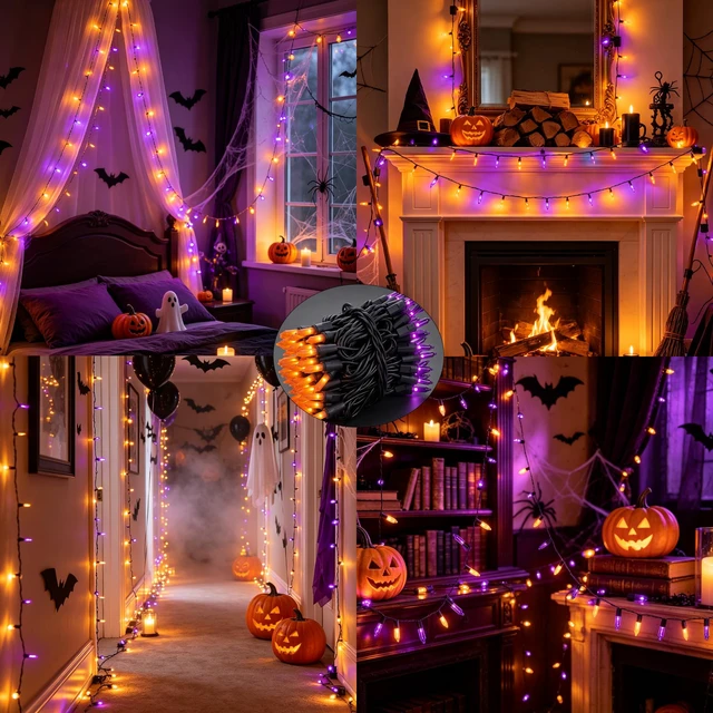 Alt view image 7 of 7 - Purple and Orange Halloween Lights, 2 Pack 20FT 100 Count Incandescent Mini String Lights, Waterproof Halloween Decorations for Outdoor Indoor Patio Home Party Garden Yard Decor