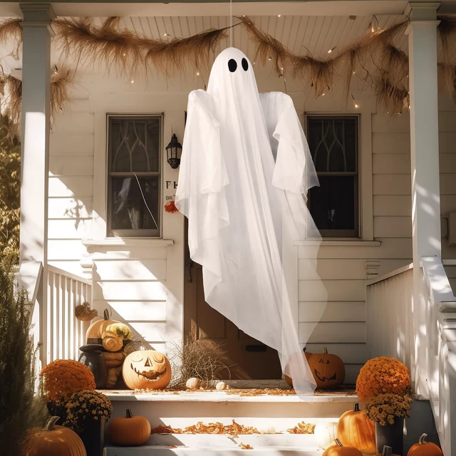 Alt view image 6 of 7 - Halloween Hanging Light up Ghost, 47 White Ghosts with Warm White LED Light and Timer Halloween Hanging Decoration Waterproof for Front Yard Patio Lawn Garden Party Decor Indoor Outdoor